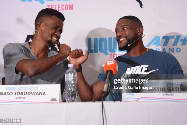 South African athlete Anaso Jobodwana and American sprinter Justin Gatlin during a media conference at the Premium Hotel on March 07, 2018 in...