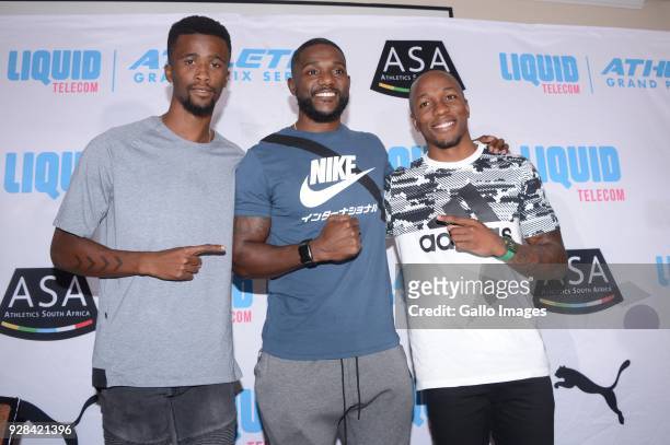 South African athlete Anaso Jobodwana, American sprinter Justin Gatlin and South African sprinter Akani Simbine during a media conference at the...