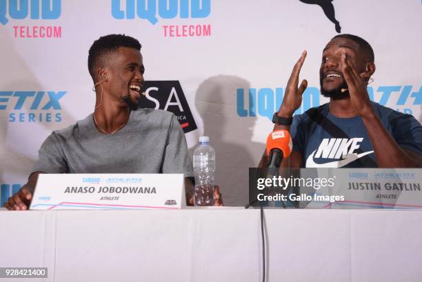 South African athlete Anaso Jobodwana and American sprinter Justin Gatlin during a media conference at the Premium Hotel on March 07, 2018 in...