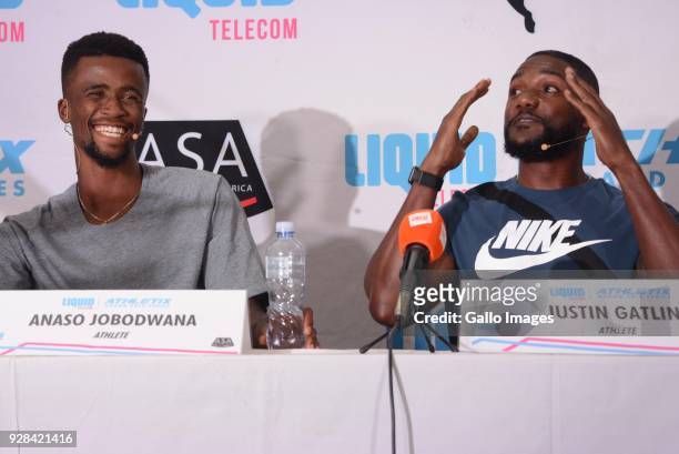 South African athlete Anaso Jobodwana and American sprinter Justin Gatlin during a media conference at the Premium Hotel on March 07, 2018 in...