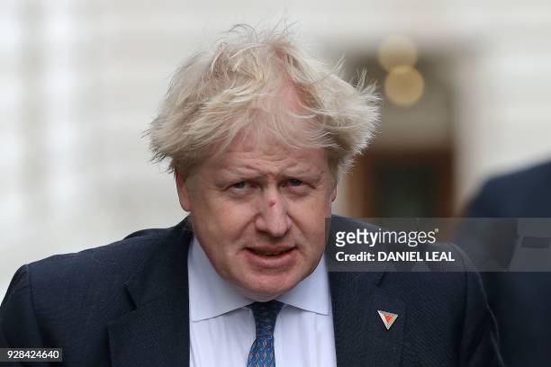 Britain's Foreign Secretary Boris Johnson arrives in Downing Street in London on March 7, 2018. Senior British ministers will hold an urgent meeting...