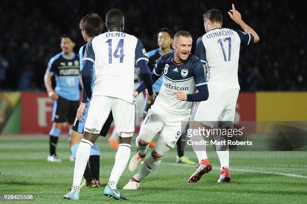 Besart Berisha of Melbourne Victory celebrates scoring a goal during the AFC Champions League Group F match between Kawasaki Frontale and Melbourne...