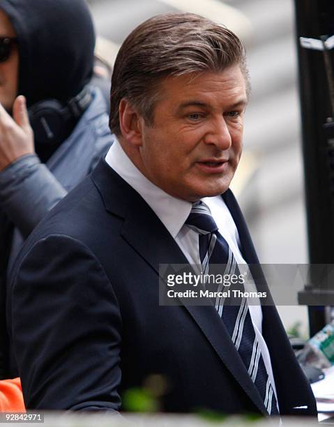 Actor Alec Baldwin works on the set of the television show "30 Rock" on location on the streets of Manhattan on November 5, 2009 in New York City.