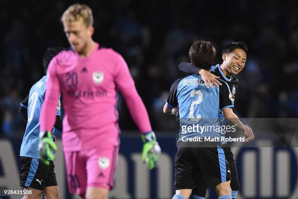 Kyohei Noborizato of Kawasaki Frontale cebebrates scoring a goal with Yu Kobayashi of Kawasaki Frontale during the AFC Champions League Group F match...