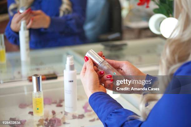 Tia Barr uses Ford MD's Firm Neuro Peptide Serum with Growth Factor at The Artists Project Give Back Day on February 28, 2018 in Los Angeles,...