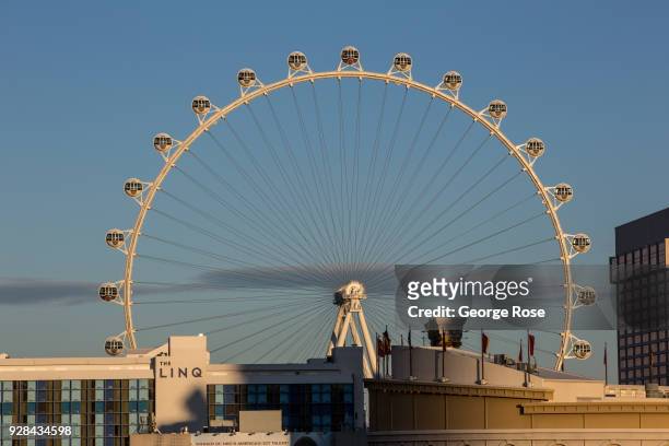 The High Roller Observation Ferris wheel and The Linq Hotel & Casino is viewed on March 2, 2018 in Las Vegas, Nevada. Millions of visitors from all...