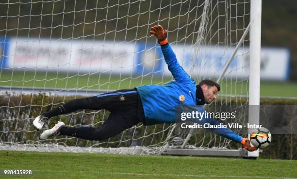 Daniele Padelli of FC Internazionale in action during the FC Internazionale training session at the club's training ground Suning Training Center in...