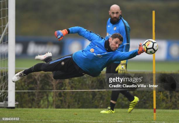Daniele Padelli of FC Internazionale in action during the FC Internazionale training session at the club's training ground Suning Training Center in...
