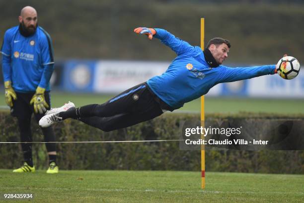 Daniele Padelli of FC Internazionale in action during the FC Internazionale training session at the club's training ground Suning Training Center in...