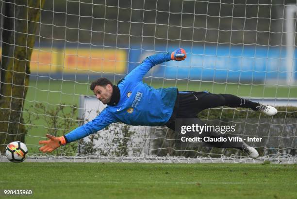 Daniele Padelli of FC Internazionale in action during the FC Internazionale training session at the club's training ground Suning Training Center in...