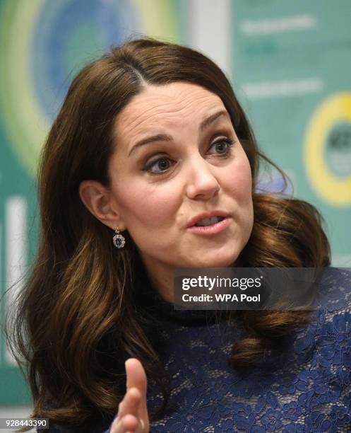 Catherine, Duchess of Cambridge smiles as she officially opens the new headquarters of children's mental health charity Place2Be on March 7, 2018 in...