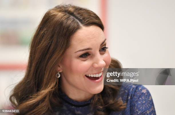 Catherine, Duchess of Cambridge smiles as she officially opens the new headquarters of children's mental health charity Place2Be on March 7, 2018 in...