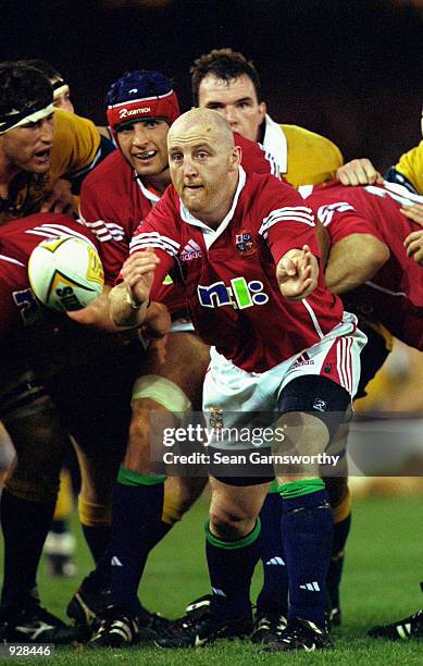 Keith Wood of the British and Irish Lions passes against Australia during the second Test Match between the British and Irish Lions and Australia...