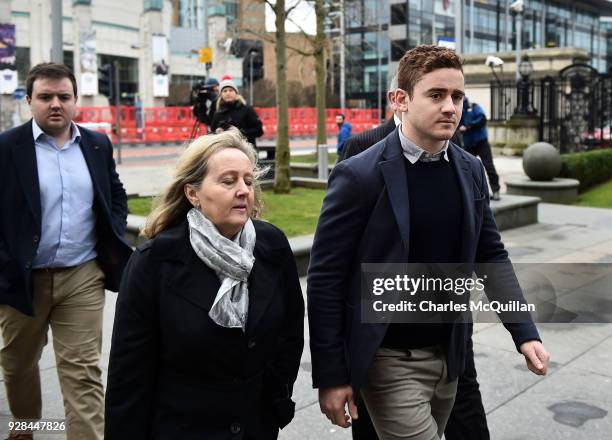Paddy Jackson arrives with family members at Belfast Laganside courts on March 7, 2018 in Belfast, Northern Ireland. The Ireland and Ulster rugby...