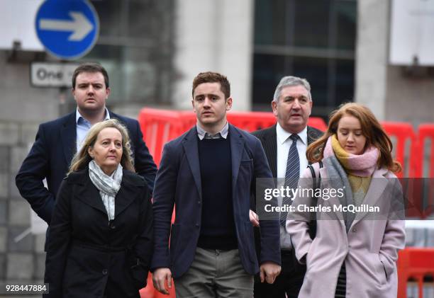 Paddy Jackson arrives at Belfast Laganside courts on March 7, 2018 in Belfast, Northern Ireland. The Ireland and Ulster rugby player is accused of...