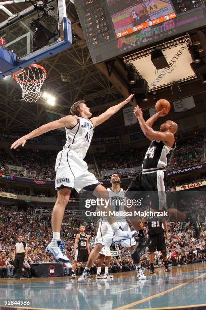 Richard Jefferson of the San Antonio Spurs goes up for the shoot against Andrei Kirilenko of the Utah Jazz at EnergySolutions Arena on November 5,...