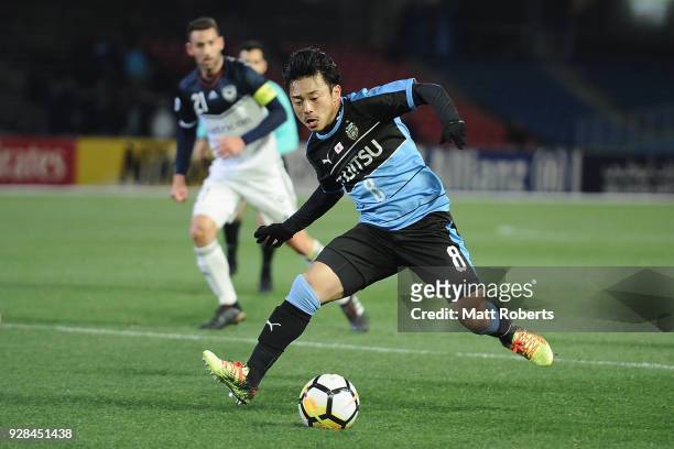 Hiroyuki Abe of Kawasaki Frontale competes for the ball during the AFC Champions League Group F match between Kawasaki Frontale and Melbourne Victory...