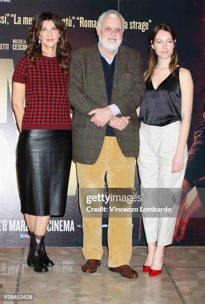 Cristiana Mainardi, Marco Tullio Giordana and Cristiana Capotondi attend a photocall for 'Nome di Donna' on March 7, 2018 in Milan, Italy.