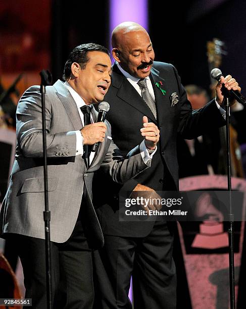 Singers Gilberto Santa Rosa and Oscar D'Leon perform onstage during the 10th annual Latin GRAMMY Awards held at Mandalay Bay Events Center on...