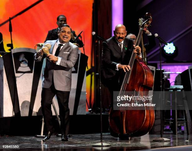 Singers Gilberto Santa Rosa and Oscar D'Leon perform onstage during the 10th annual Latin GRAMMY Awards held at Mandalay Bay Events Center on...