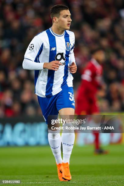 Diogo Dalot of FC Porto during the UEFA Champions League Round of 16 Second Leg match between Liverpool and FC Porto at Anfield on March 6, 2018 in...