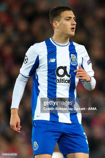 Diogo Dalot of FC Porto during the UEFA Champions League Round of 16 Second Leg match between Liverpool and FC Porto at Anfield on March 6, 2018 in...