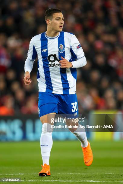Diogo Dalot of FC Porto during the UEFA Champions League Round of 16 Second Leg match between Liverpool and FC Porto at Anfield on March 6, 2018 in...