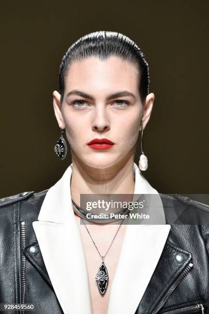 Vittoria Ceretti walks the runway during the Alexander McQueen show as part of the Paris Fashion Week Womenswear Fall/Winter 2018/2019 on March 5,...