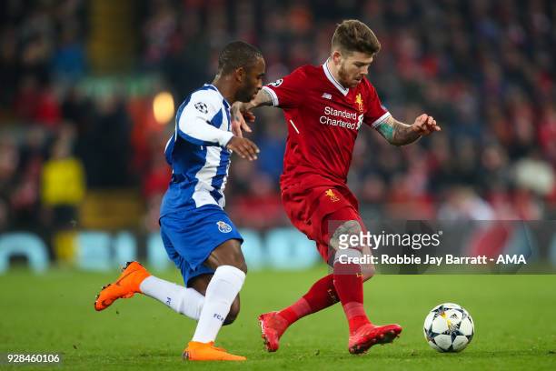Jesus Manuel Corona of FC Porto and Alberto Moreno of Liverpool during the UEFA Champions League Round of 16 Second Leg match between Liverpool and...