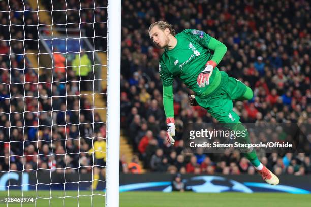 Liverpool goalkeeper Loris Karius dives during the UEFA Champions League Round of 16 Second Leg match between Liverpool and FC Porto at Anfield on...