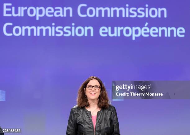 European Trade Commissioner Cecilia Malmstroem answers a journalist's question during a media conference at EU headquarters on March 7, 2018 in...