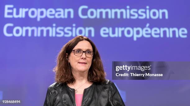 European Trade Commissioner Cecilia Malmstroem answers a journalist's question during a media conference at EU headquarters on March 7, 2018 in...