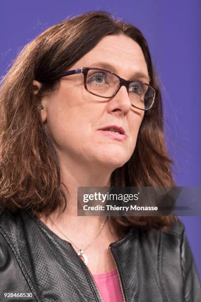 European Trade Commissioner Cecilia Malmstroem answers a journalist's question during a media conference at EU headquarters on March 7, 2018 in...