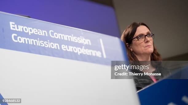 European Trade Commissioner Cecilia Malmstroem answers a journalist's question during a media conference at EU headquarters on March 7, 2018 in...