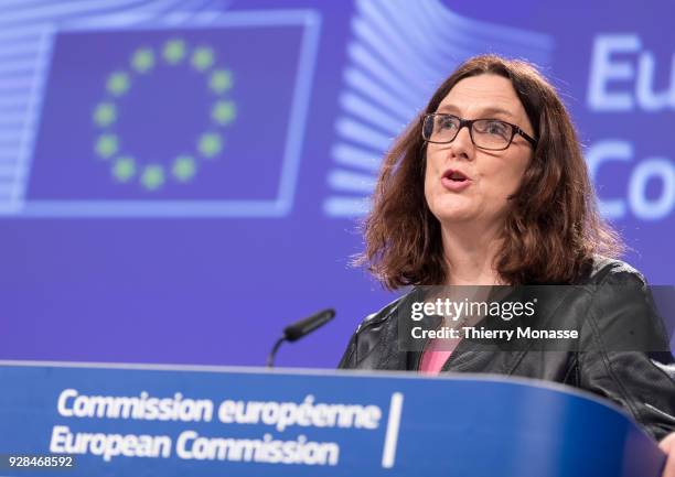 European Trade Commissioner Cecilia Malmstroem answers a journalist's question during a media conference at EU headquarters on March 7, 2018 in...