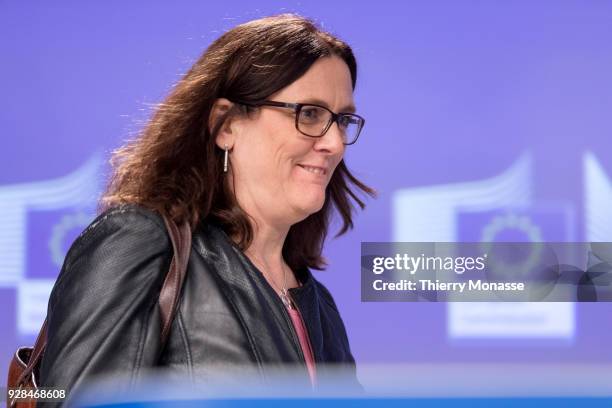 European Trade Commissioner Cecilia Malmstroem answers a journalist's question during a media conference at EU headquarters on March 7, 2018 in...