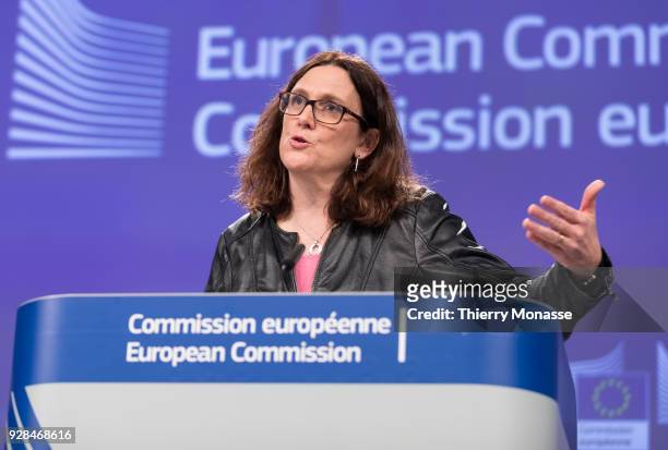 European Trade Commissioner Cecilia Malmstroem answers a journalist's question during a media conference at EU headquarters on March 7, 2018 in...