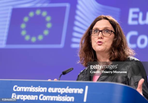 European Trade Commissioner Cecilia Malmstroem answers a journalist's question during a media conference at EU headquarters on March 7, 2018 in...