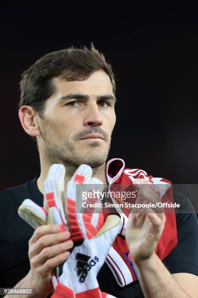 Porto goalkeeper Iker Casillas applauds the support at the end of the UEFA Champions League Round of 16 Second Leg match between Liverpool and FC...