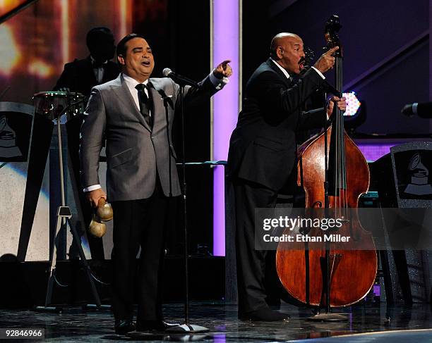 Singers Gilberto Santa Rosa and Oscar D'Leon perform onstage during the 10th annual Latin GRAMMY Awards held at Mandalay Bay Events Center on...