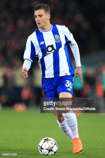 Diogo Dalot of Porto in action during the UEFA Champions League Round of 16 Second Leg match between Liverpool and FC Porto at Anfield on March 6,...