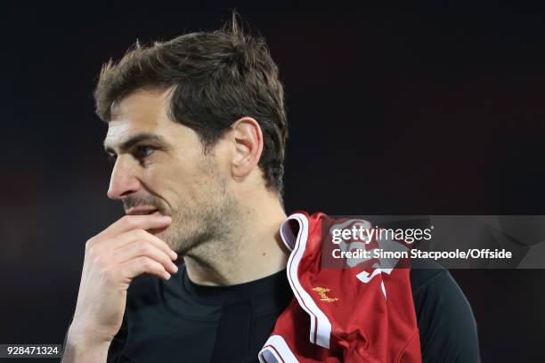 Porto goalkeeper Iker Casillas reflects on the game following the UEFA Champions League Round of 16 Second Leg match between Liverpool and FC Porto...