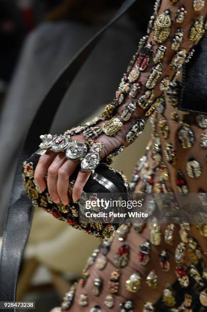 Model, bag detail, walks the runway during the Alexander McQueen show as part of the Paris Fashion Week Womenswear Fall/Winter 2018/2019 on March 5,...