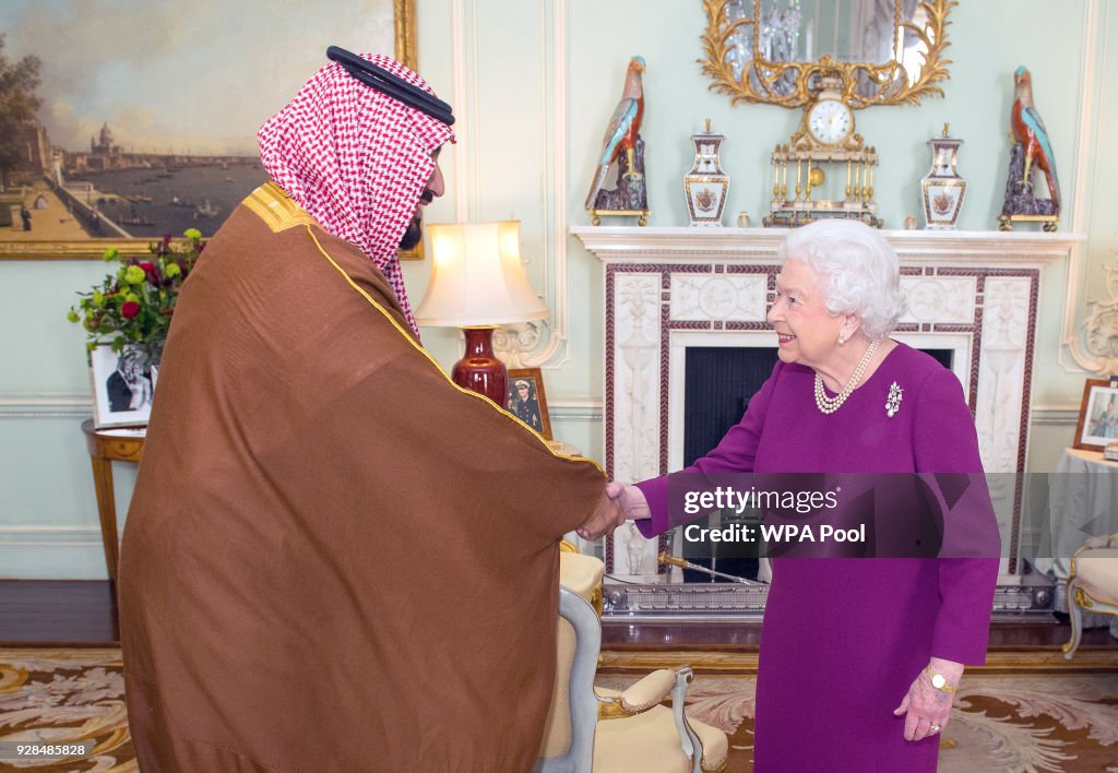 Saudi Arabia Crown Prince Mohammed Bin Salman Attends Audience With Queen Elizabeth II At Buckingham Palace