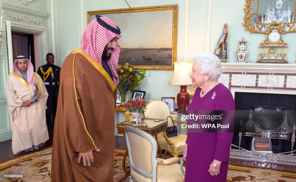 Saudi Arabia Crown Prince Mohammed Bin Salman Attends Audience With Queen Elizabeth II At Buckingham Palace