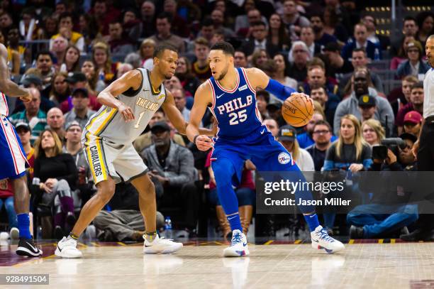 Rodney Hood of the Cleveland Cavaliers guards Ben Simmons of the Philadelphia 76ers during the second half at Quicken Loans Arena on March 1, 2018 in...