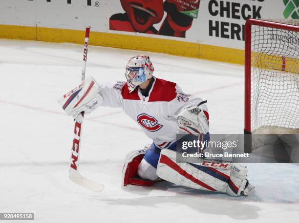 Zach Fucale of the Montreal Canadiens skates in warm-ups prior to the game against the New Jersey Devils at the Prudential Center on March 6, 2018 in...