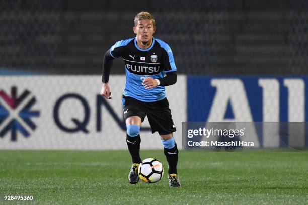 Tatsuki Nara of Kawasaki Frontale in action during the AFC Champions League Group F match between Kawasaki Frontale and Melbourne Victory at Todoroki...