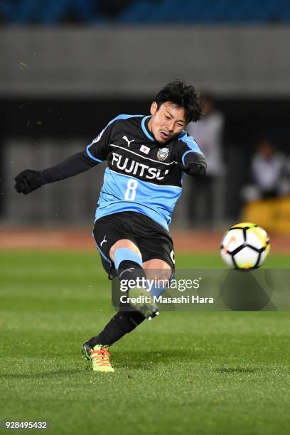 Hiroyuki Abe of Kawasaki Frontale in action during the AFC Champions League Group F match between Kawasaki Frontale and Melbourne Victory at Todoroki...