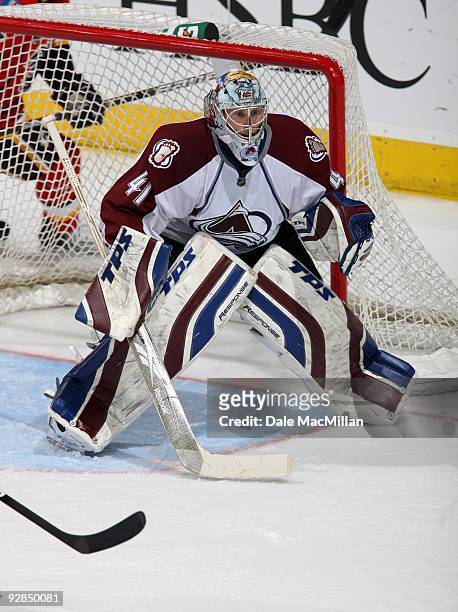 Goaltender Craig Anderson of the Colorado Avalanche defends his net against the Calgary Flames during their game on October 28, 2009 at the Pengrowth...